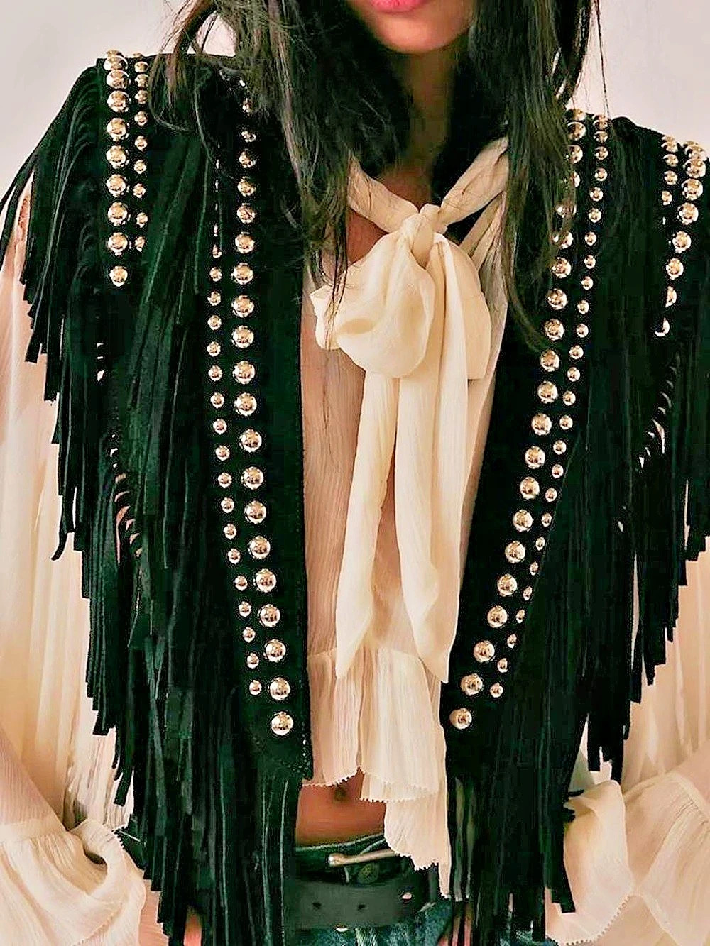 Free People Black & Silver Fringe Studded Jacket